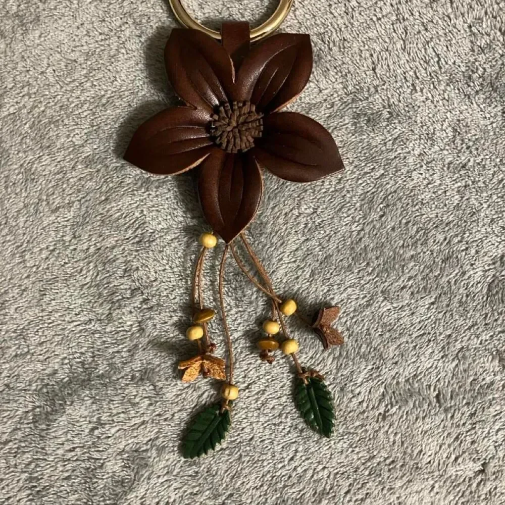 NWT Brown Flower Tassel Keychain Bag Charm with Flowers and Leaves